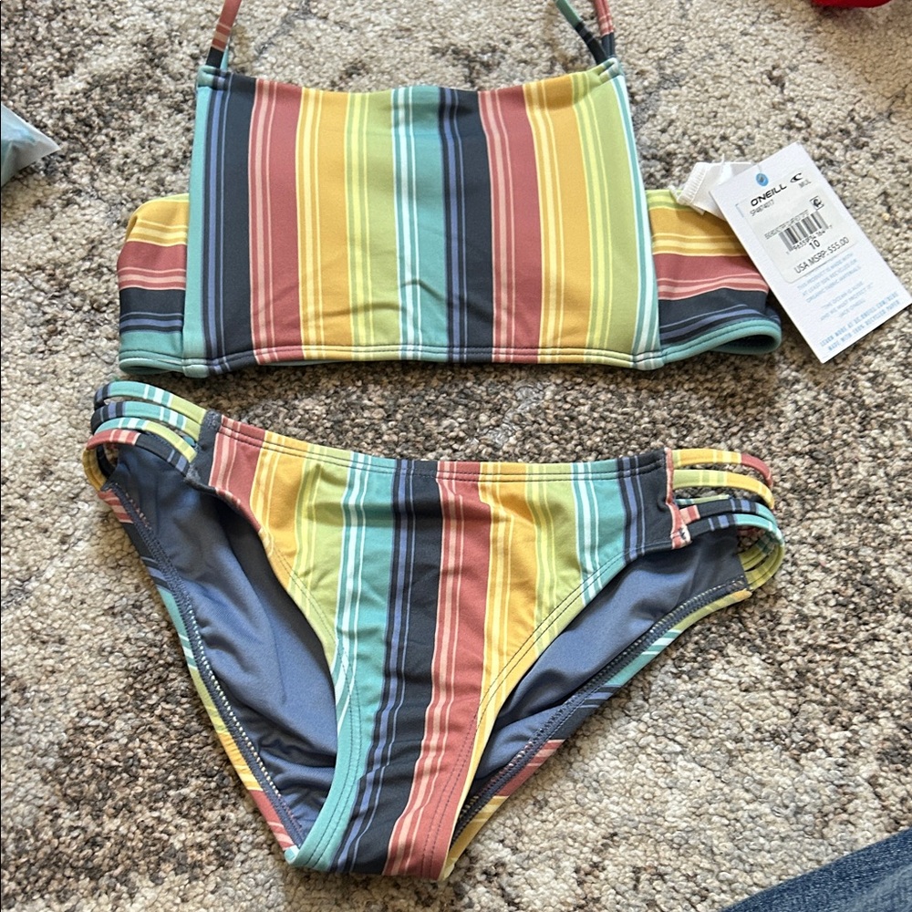 O'Neill Girls Striped Bikini Set in Yellow, Teal, Coral, Navy